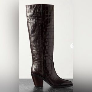 Loeffler Randall Dark Brown Croc-Embossed  Knee Boots- Leather